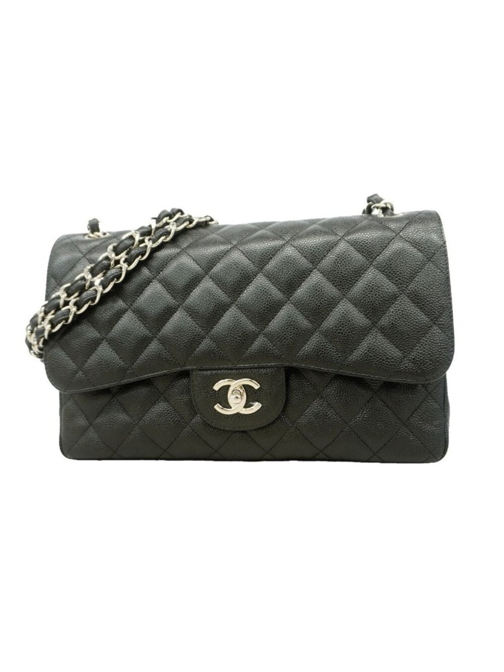 Chanel Shoulder Bag Maxi Quilted Caviar Leather Black Silver